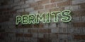 PERMITS - Glowing Neon Sign on stonework wall - 3D rendered royalty free stock illustration