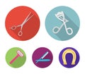 Perms for eyelashes, a dangerous razor, scissors, a shaving machine. Hairdresser set collection icons in flat style