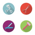 Perms for eyelashes, a dangerous razor, scissors, a shaving machine. Hairdresser set collection icons in flat style