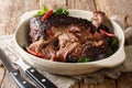 Pernil asado slow cooked shredded pulled pork close-up on a plate. horizontal Royalty Free Stock Photo