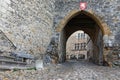 PEROUGES, FRANCE, February 23, 2021 : High entrance of the old city. The town was restored and houses were saved in the beginning