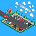 Perpendicular parking lot with plug in electric vehicles ecological charging stalls attendant booth isometric composition