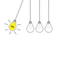 Perpetual motion. Hanging light bulb icon set. Switch on off lamp. Idea text. Shining effect. Dash line. Yellow color. Business su Royalty Free Stock Photo