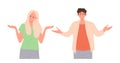 Perplexed man and woman cartoon characters with hands wide spreading gesture pondering and doubting