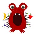 Perplexed cute crimson baby monster with fruits caught in its spikes. Vector EPS 10