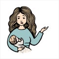 Perplexed woman holds baby and point a hand. Hand drawn colorful vector stock illustration. Breast feeding. Mom on blue