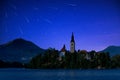 Perseid MEteor Shower over Bled Lake in Slovenia Royalty Free Stock Photo