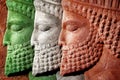 Persepolis. Iran. Ancient Persia. Bas-relief carved on the walls of old buildings. Colors of national flag of Iran
