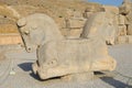 Exterior of the double-headed horse sculpture at the archaeological site in Persepolis, Iran.