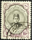 Persia circa 1922. Cancelled postage stamp printed by Persia, that shows Ahmad Shah Qajar in an ornament frame, circa