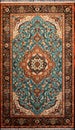 Persian carpet in blue and brown color with antique pattern on the floor top view