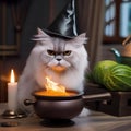 A Persian cat as a wicked witch, stirring a tiny cauldron with a crooked hat4