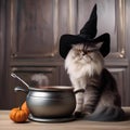 A Persian cat as a wicked witch, stirring a tiny cauldron with a crooked hat5