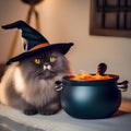 A Persian cat as a wicked witch, stirring a tiny cauldron with a crooked hat3