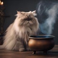 A Persian cat as a wicked witch, stirring a tiny cauldron with a crooked hat1