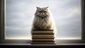 Persian cat sitting on a stack of books near a window with a cloudy sky background Royalty Free Stock Photo