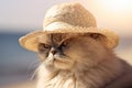 Persian cat wearing summer straw hat with blurry beach in background.