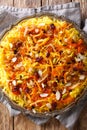 Persian delicious pilaf Javaher Polow jeweled rice closeup on a plate on the table. Vertical top view Royalty Free Stock Photo