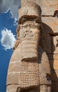 Persian Lamassu Figure from Ancient Persepolis of Iran Against Blue Sky