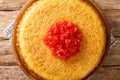 Persian Savory Saffron Cake Tahchin closeup in the plate. Horizontal top view