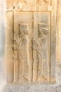 Persian soldiers on a bas-relief stone carving at the site of ancient Persepolis, near Shiraz, Iran