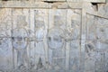 Persian warriors armed, bas relief in Xerxes palace, Persepolis, Iran.