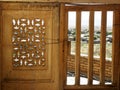 Ancient Persian wooden doors and geometric windows on the porches of Soltanieh Dome,Zanjan,Iran