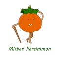 Persimmon in doodle style. Cute mister persimmon with cane in bright colors