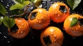 persimmon drops water, ripe persimmons Royalty Free Stock Photo