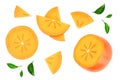 Persimmon fruit isolated on white background. Top view. Flat lay pattern. Set or collection Royalty Free Stock Photo