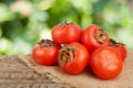 Persimmon fruit on wooden table with blurred garden background Royalty Free Stock Photo