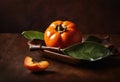 A persimmon with a leaf still attached to the stem, showing its deep orange color and smooth skin.