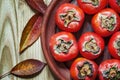 Persimmon on a plate, top view