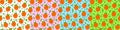 Persimmon Seamless Pattern in Different Poses on a White, Pink, Blue and Green Background with Leaves. Cute and Happy