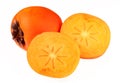 Persimmon Sharon whole and cut close up isolated Royalty Free Stock Photo