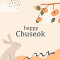 A persimmon tree brunch with fruits and rabbit looking at full moon. Greeting card for thanksgiving day in Korea. Korean