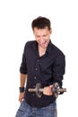 Persistent determined man in black shirt lifting weights