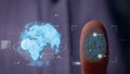 Person accessing a hologram with a fingerprint. Man, access to a modern hologram of a personal database with the discovery of fing