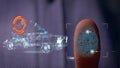 Person accessing a hologram with a fingerprint. Man, access to a modern hologram of a personal database with the discovery of fing