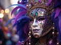 A person adorned with a luxurious purple and gold Venetian carnival mask, embellished with feathers and jewels, against