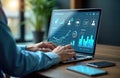 Person analyzes business data on laptop screen. Data analyst uses BI dashboard. Graphs, charts display metrics, KPIs. Management