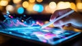 A person analyzes digital data trends using a tablet in a modern workspace with blurred lights in the background Royalty Free Stock Photo