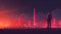Person analyzes financial chart on abstract virtual interface, showcasing market trends and data visualization in a futuristic