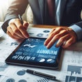 A person analyzes financial data on a tablet surrounded by charts and graphs