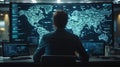 A person analyzes global data on multiple screens in a high-tech environment