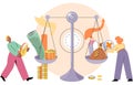 Person analyzes profit weighing earnings on scales, income and expenses money, budget planning