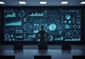 A person analyzing complex data visualizations on a large screen in a dimly lit room with multiple monitors Royalty Free Stock Photo
