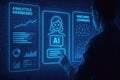 Person Analyzing Data on a Futuristic AI Analytics Dashboard with Machine Learning Visualizations artificial intelligence Royalty Free Stock Photo