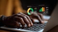 person analyzing data on laptop with colorful charts and graphs on digital dashboard