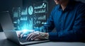 A Person Analyzing Data on a Laptop with Futuristic Data Visualization Interface, Tech Concept Royalty Free Stock Photo
